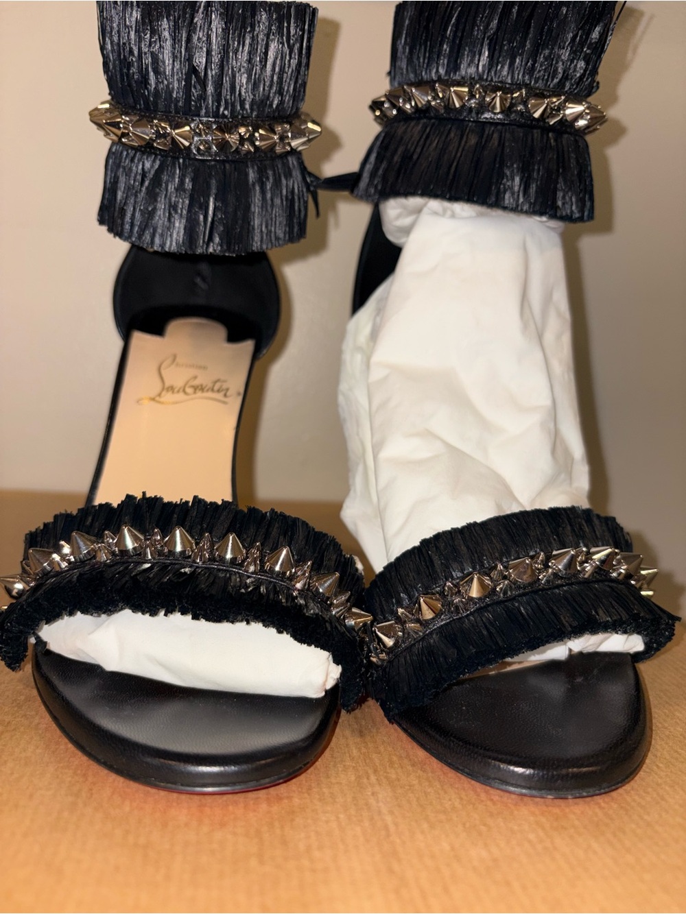 Christian Louboutin Black Fringe Studded Ankle-Strap Heels